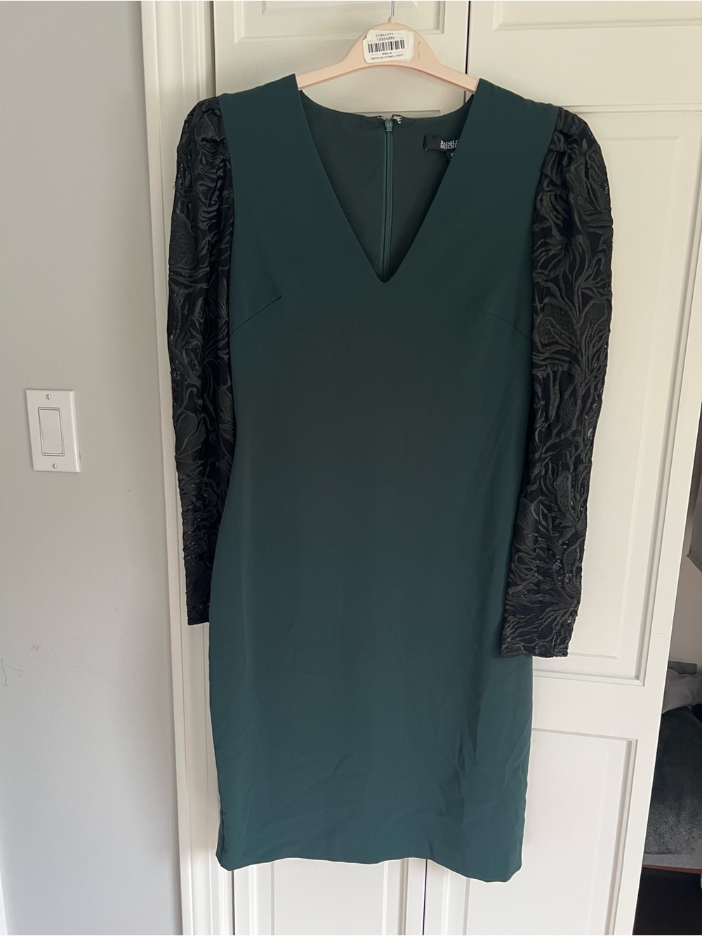 Badgley Mischka “Emerald Lace Sleeve Sheath”